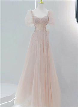 Picture of Pink Beaded Tulle Short Sleeves Long Party Dresses, Pink Sweet 16 Dress